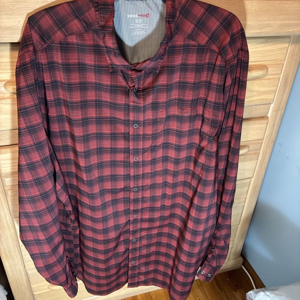 Swiss Tech Long Sleeve Snap Button Up Mens 3XL Red Black Plaid Shirt Lightweight
